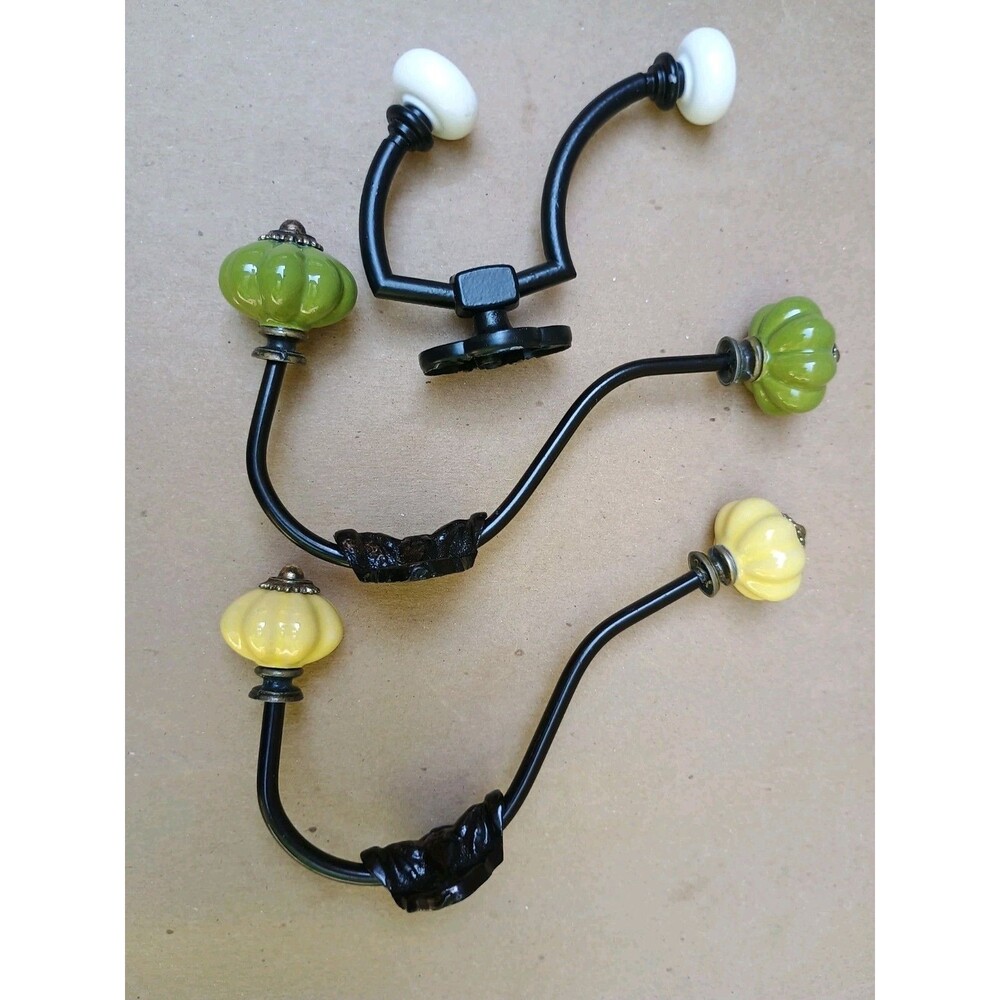 Boho wall hooks double set of 3 melon style ceramic knobs yellow green White